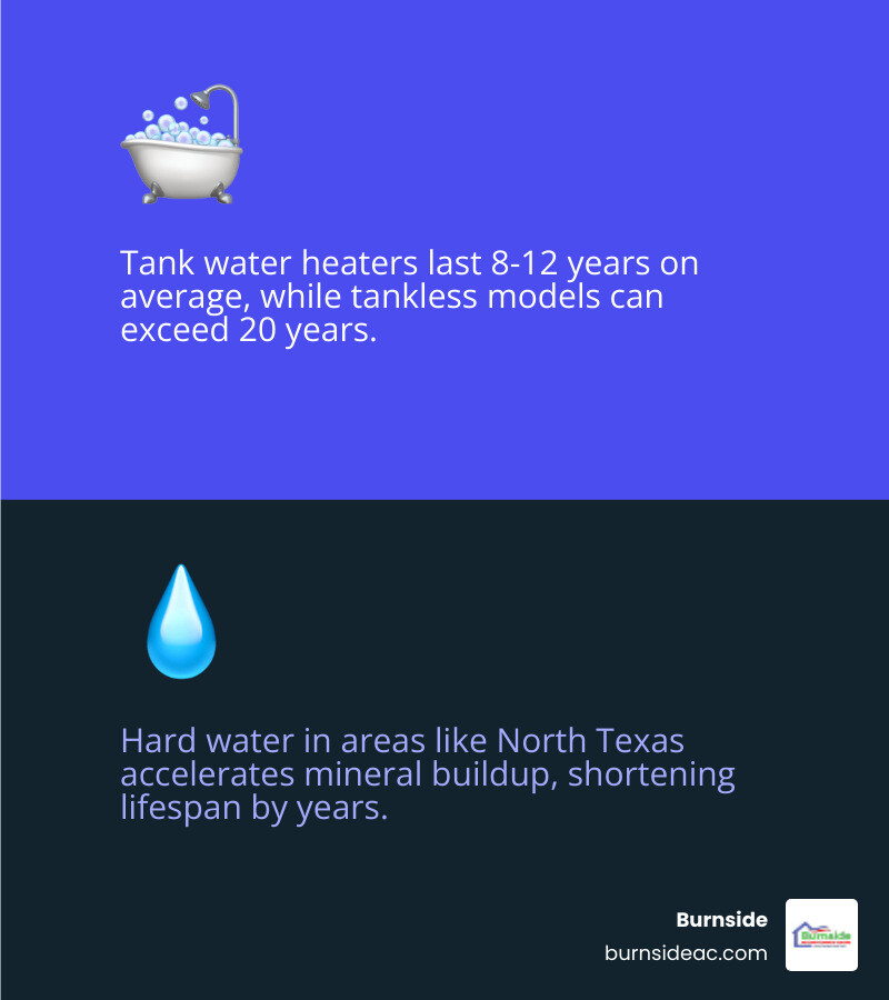 Infographic showing water heater lifespan by type, key factors affecting longevity, and warning signs of failure - how long