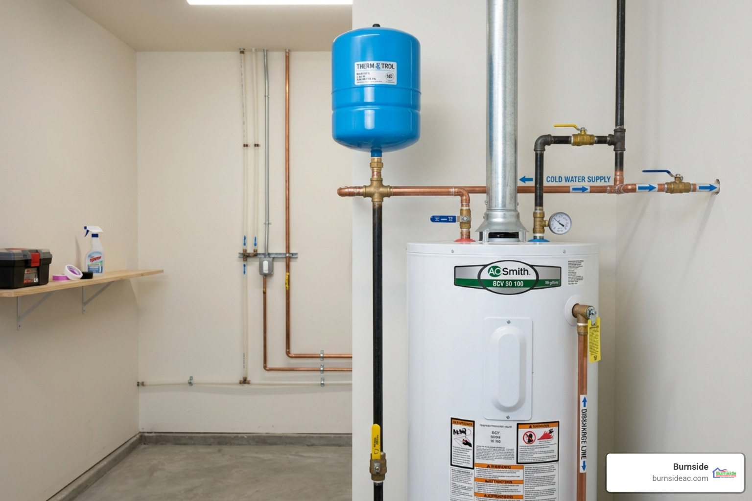 water heater expansion tank installed on cold water supply line in residential utility room - what is an expansion tank for