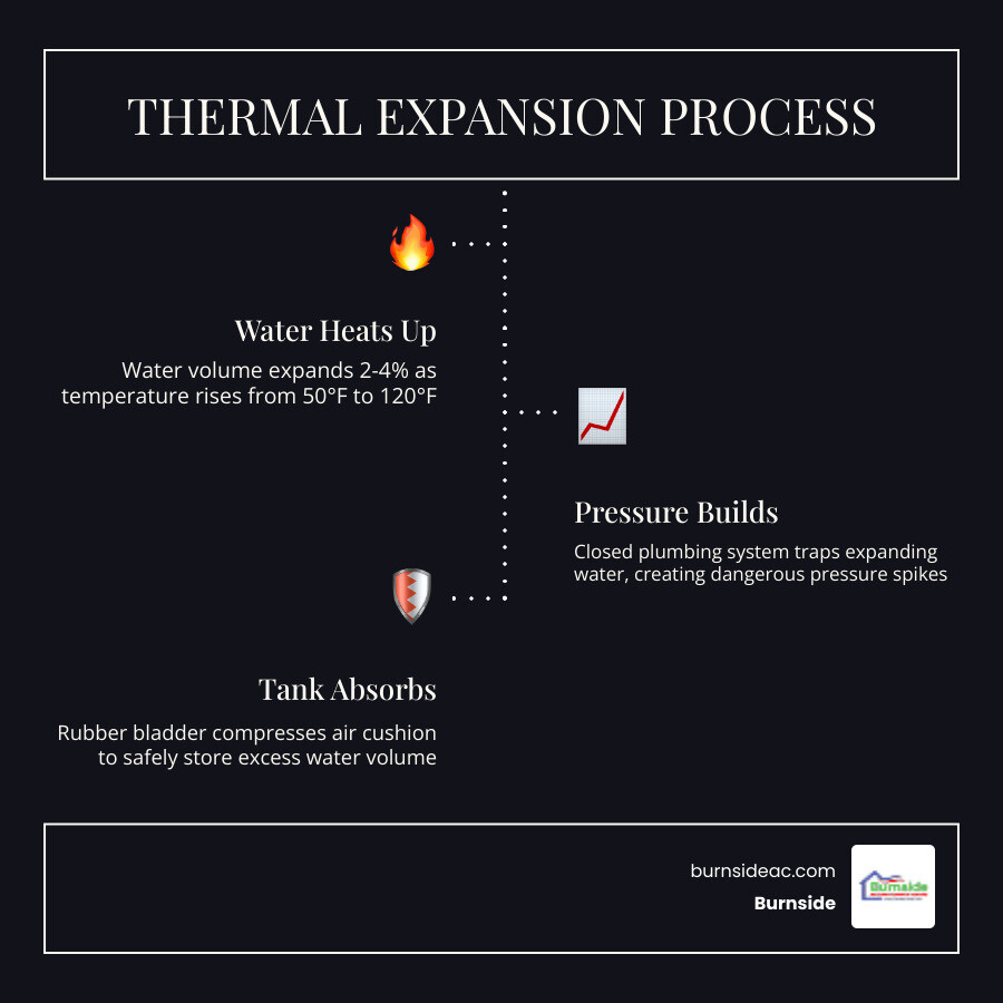 Infographic showing thermal expansion process: water heater heats water, volume expands, pressure builds in closed system