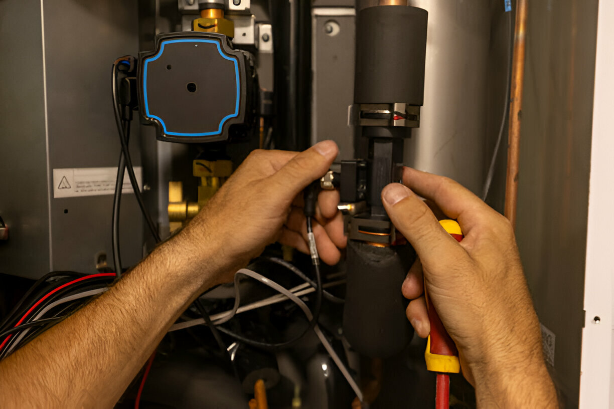 Technician working on electrical components inside industrial equipment panel