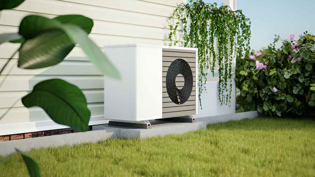 Modern heat pump installed beside house with green lawn and hanging plants
