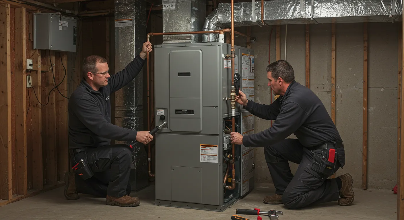 two technician installing a new indoor furnace system using different tools