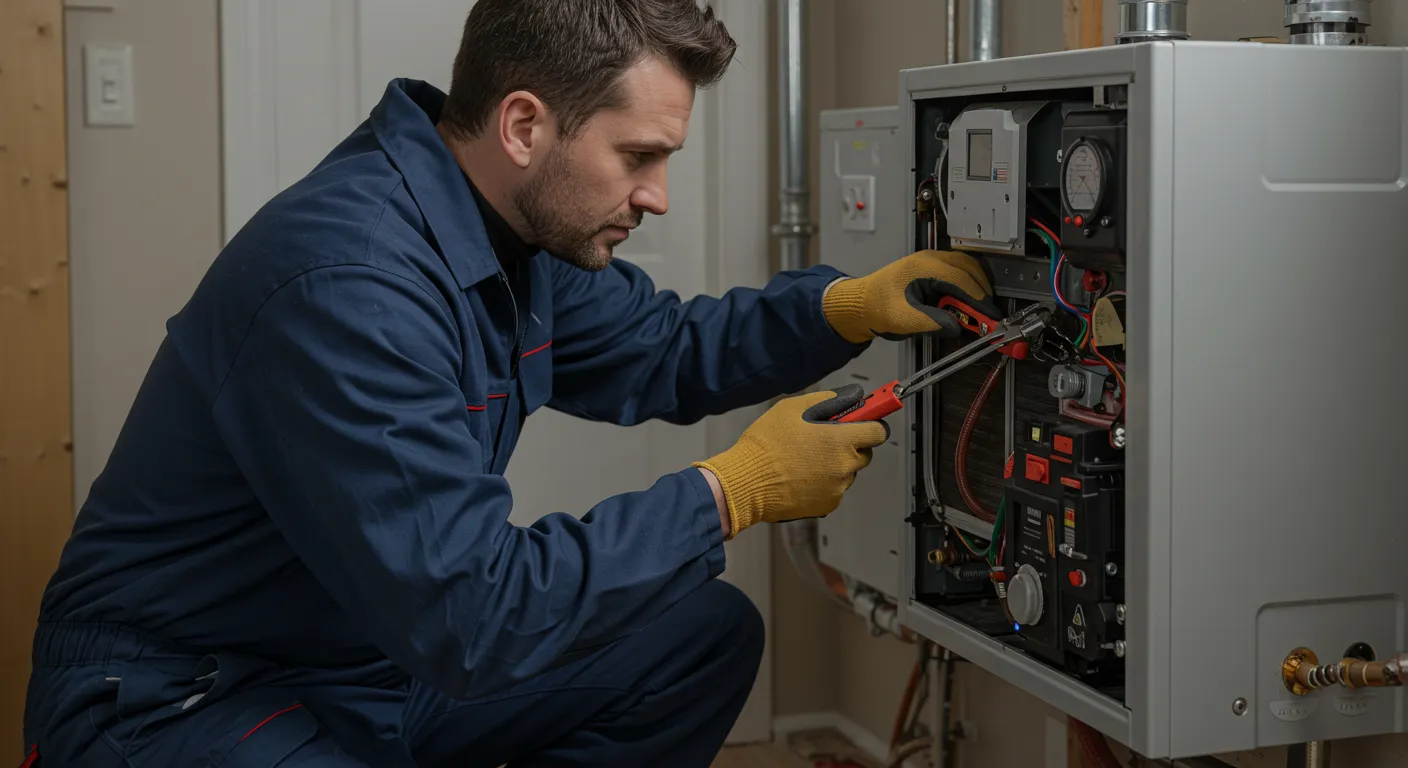 Technician in blue jumpsuit and yellow gloves repairing open electrical panel or boiler system with visible wiring and gauges
