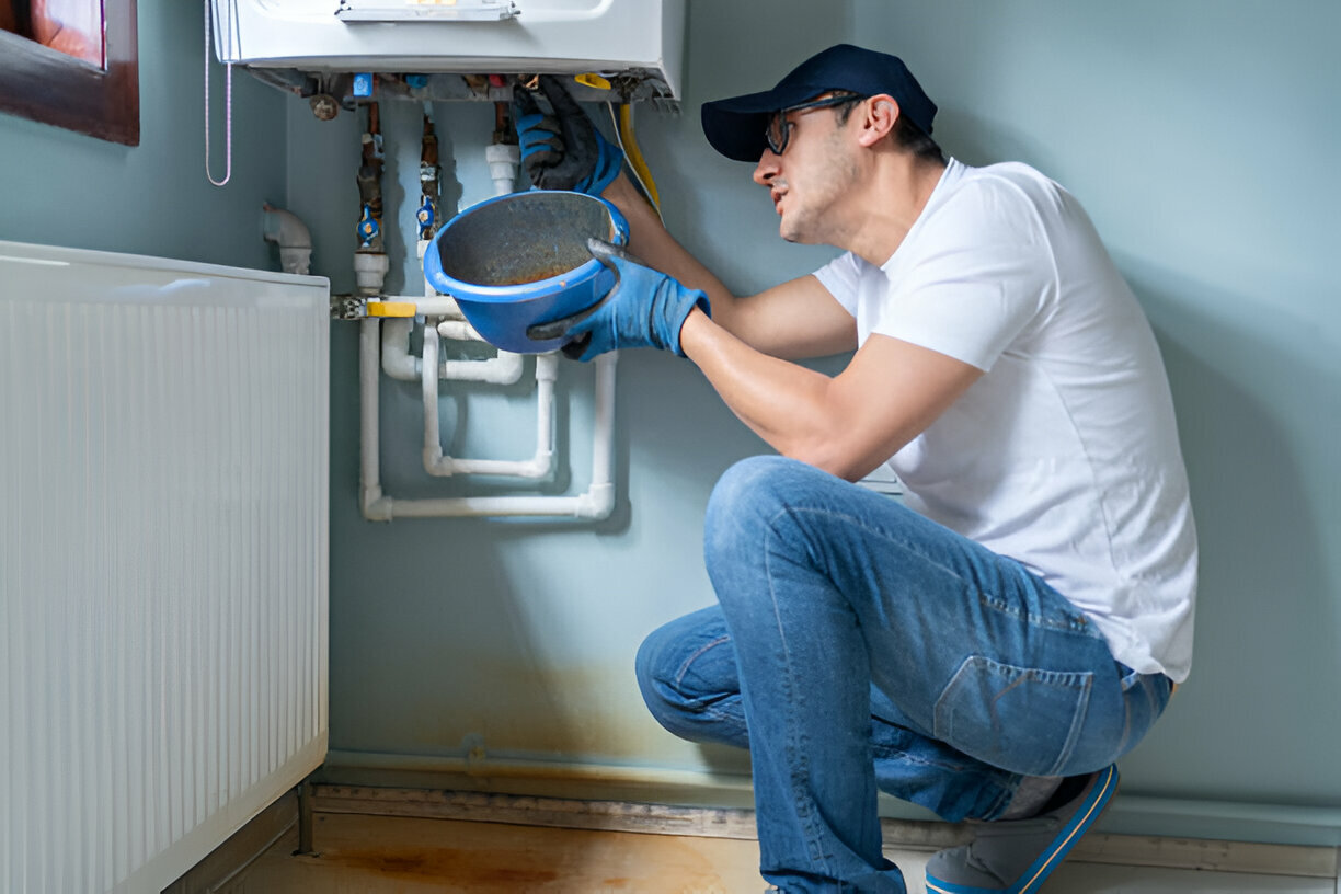 Plumber inspecting pipes and boiler while holding blue bucket