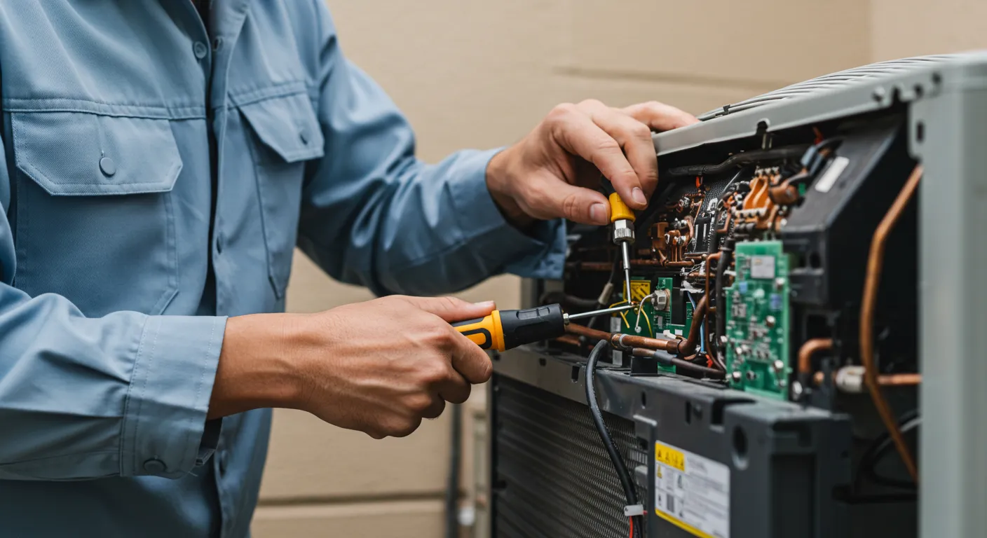 A technician is using tools to repair a outdoor AC unit
