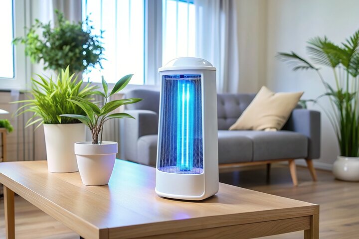 Blue UV air purifier on wooden table with potted plants in living room