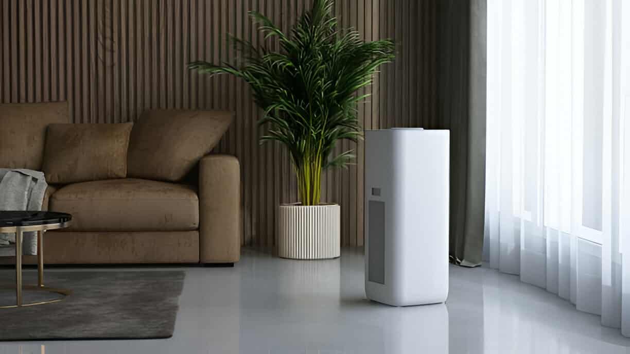 Minimalist living room with brown sofa, green plant, and white air purifier