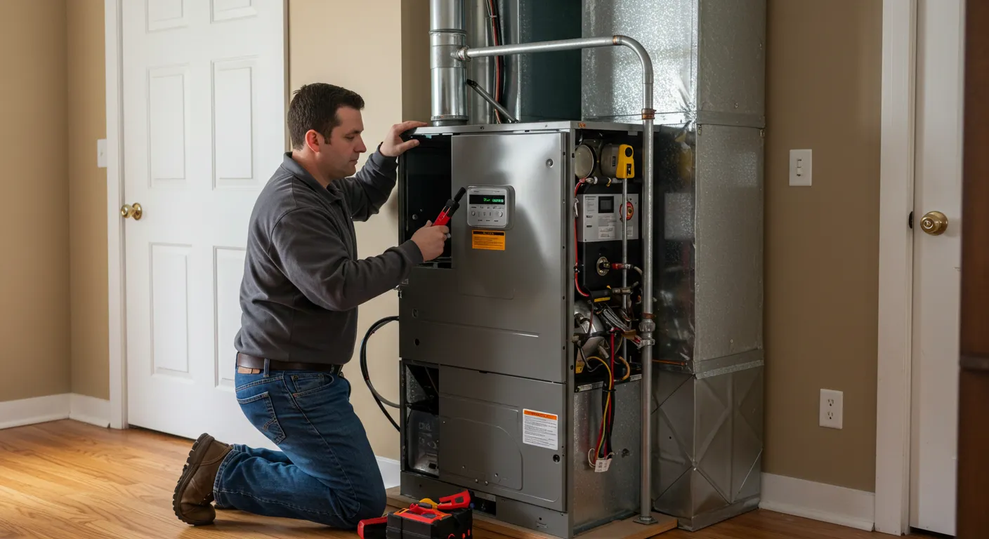 Technician repairing home HVAC system using tools