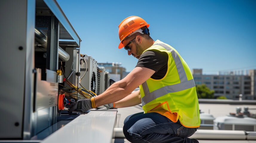 Technician in safety gear repairs electrical equipment on rooftop