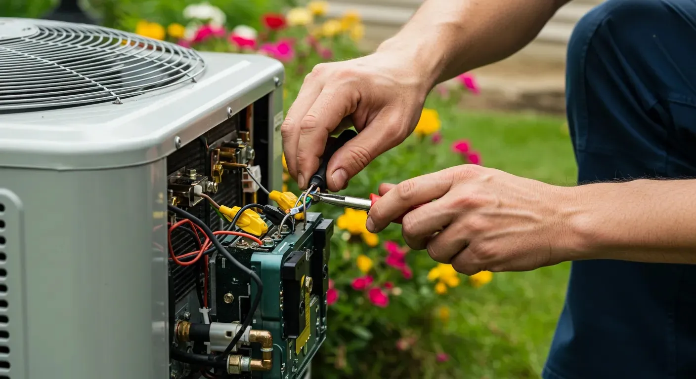 A heat pump device is being repaired by a person using tools