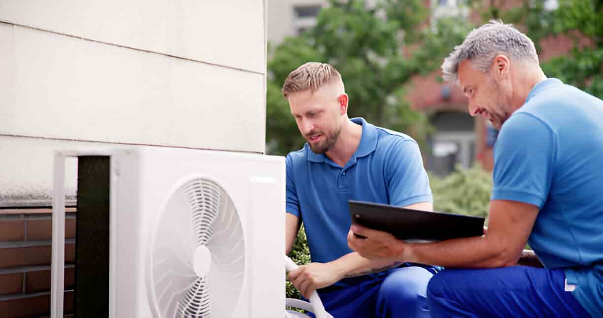 Two technicians in blue inspect an outdoor air conditioning unit