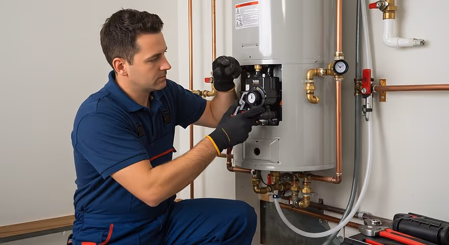 Technician repairing water heater with copper pipes and tools nearby
