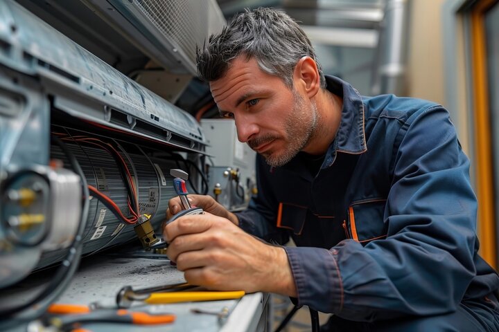 Technician carefully repairing electrical equipment with precision tools