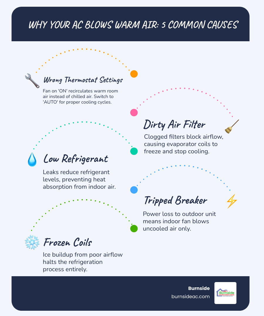 Infographic showing common reasons AC blows warm air and basic refrigeration cycle overview - why is my ac blowing warm air