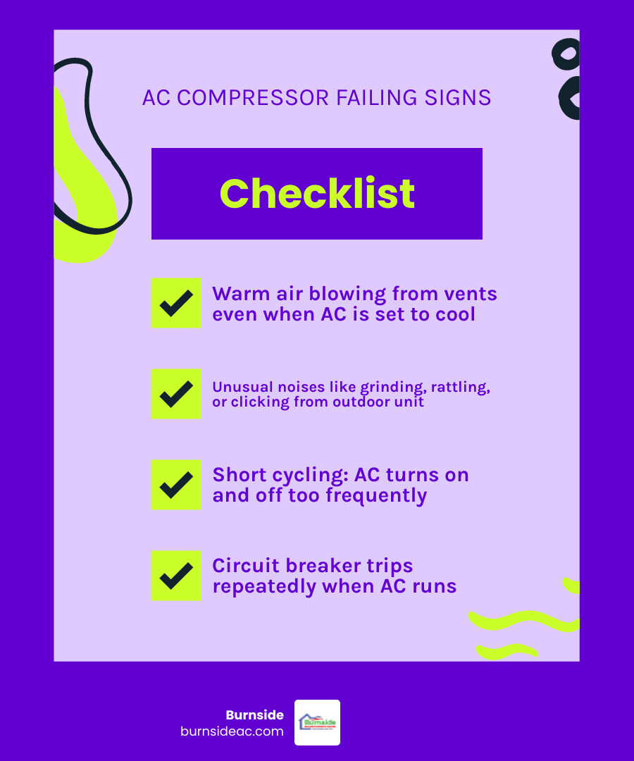Infographic showing 7 signs of a failing AC compressor and what each symptom means - how to tell if your ac compressor is