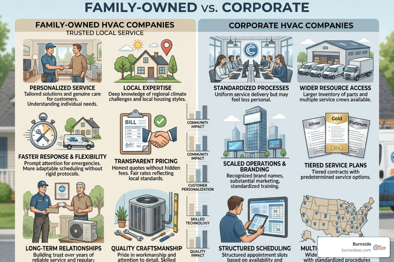Benefits of family-owned vs. corporate HVAC companies infographic - why choose a family owned heating and cooling company Benefits of family-owned vs. corporate HVAC companies infographic - why choose a family owned heating and cooling company