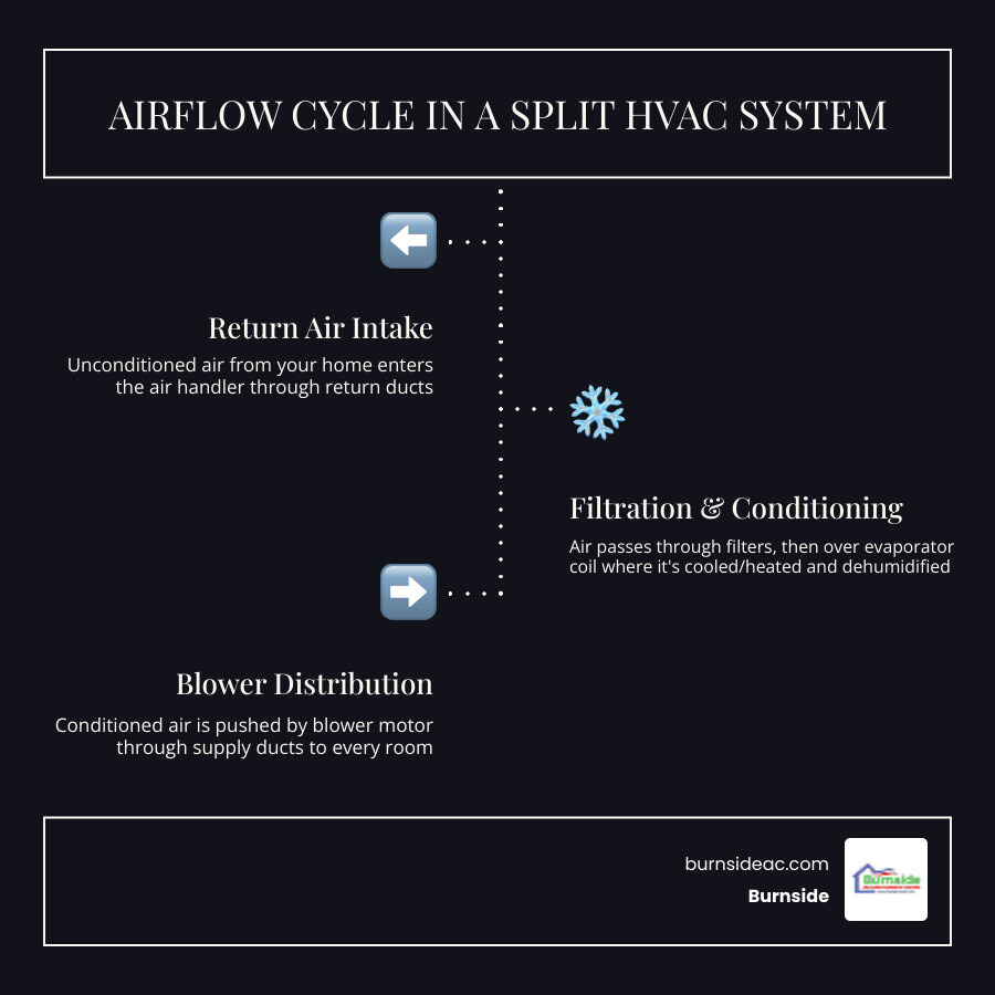 Infographic showing airflow cycle in a split HVAC system: return air, filtration, coil conditioning, blower distribution Infographic showing airflow cycle in a split HVAC system: return air, filtration, coil conditioning, blower distribution