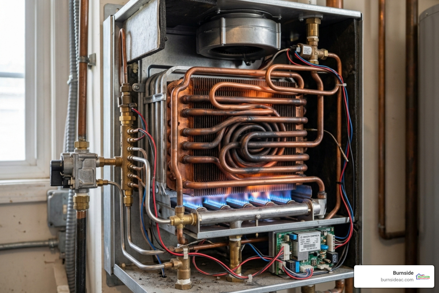 Internal components of a modern tankless water heater showing copper coils and burners - how does a tankless water heater