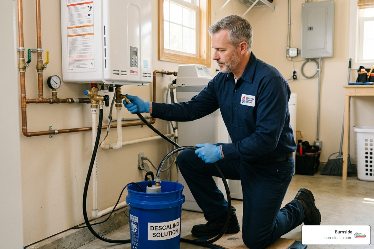 Plumbing professional performing an annual flush and descaling on a tankless water heater - how does a tankless water heater Plumbing professional performing an annual flush and descaling on a tankless water heater - how does a tankless water heater