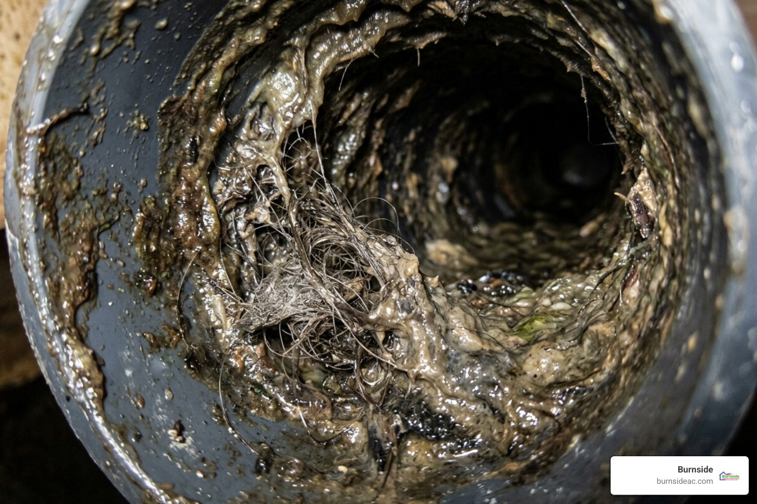 close up of organic buildup and slime inside a plumbing pipe - why does my drain smell bad