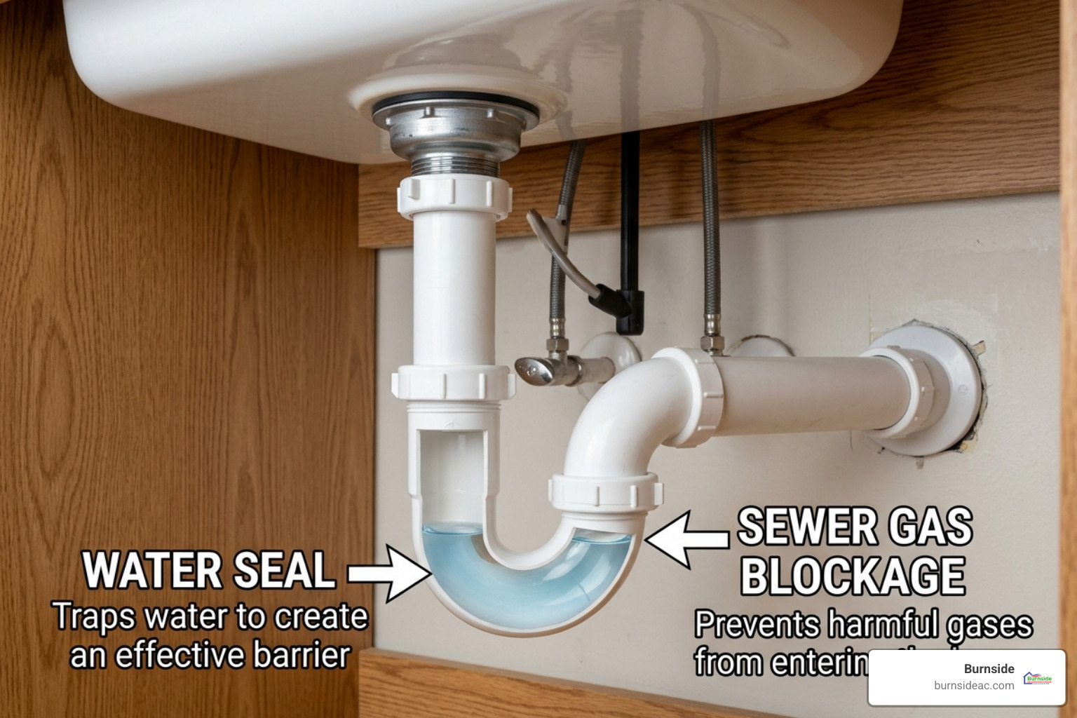 diagram of a U-shaped P-trap under a sink showing the water seal - why does my drain smell bad diagram of a U-shaped P-trap under a sink showing the water seal - why does my drain smell bad
