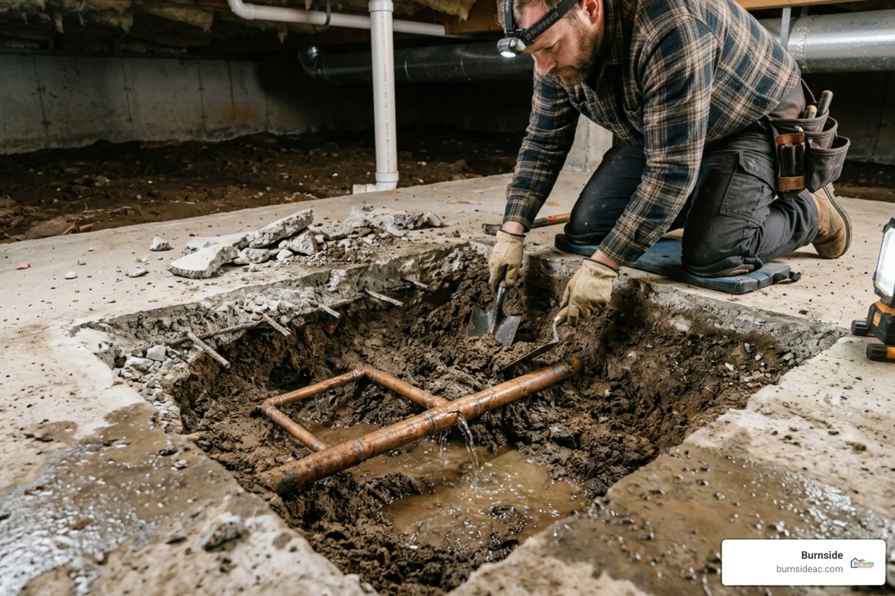 slab leak under home concrete foundation with exposed plumbing pipes - what is a slab leak