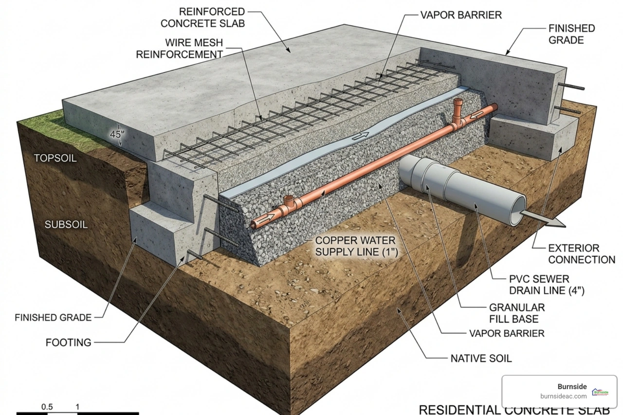 A cross-section view of a concrete slab foundation with copper pipes and sewer lines buried underneath - what is a slab leak