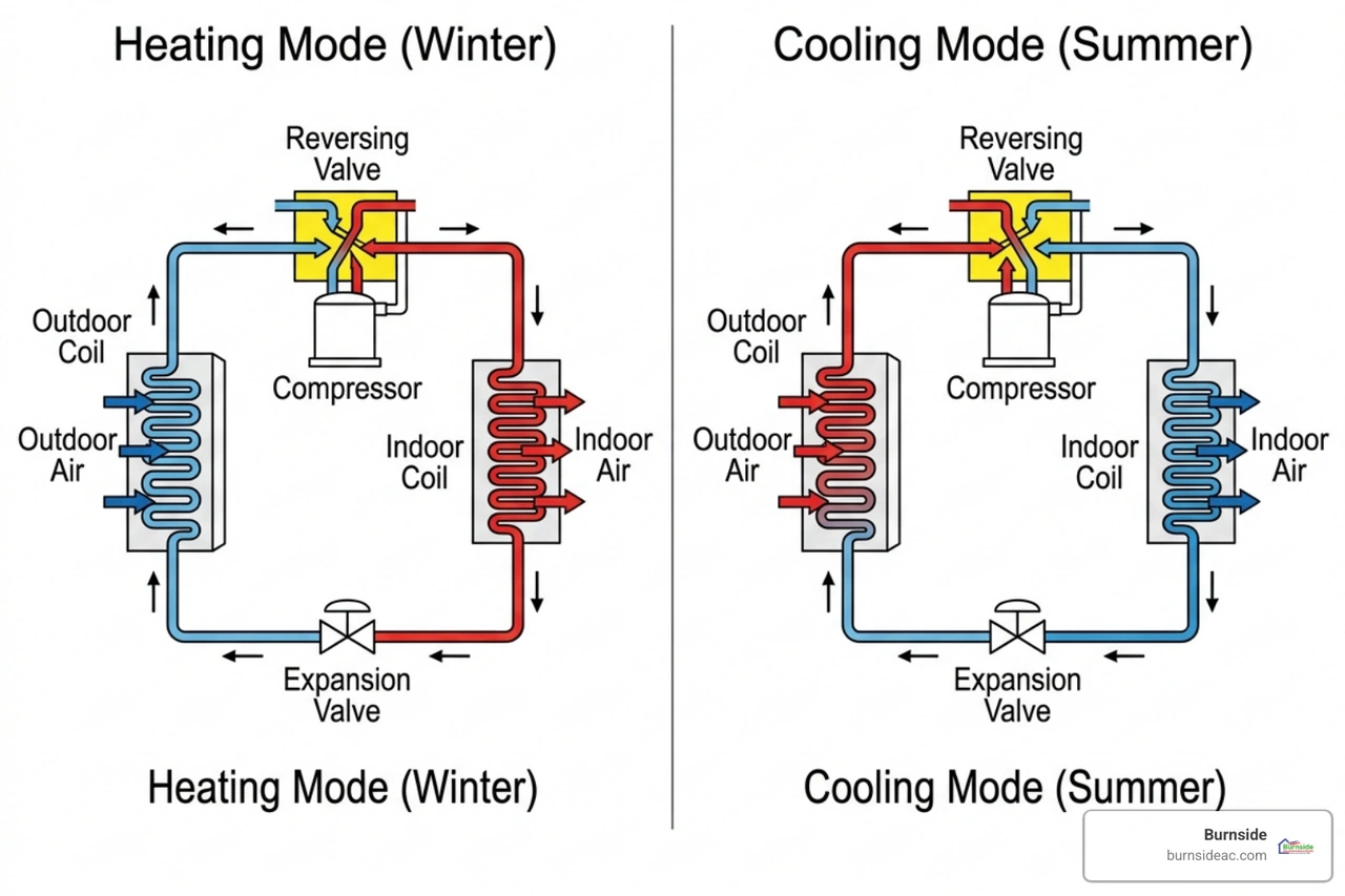 diagram of heat pump refrigerant cycle moving heat between indoor and outdoor coils - heat pump benefits for homeowners diagram of heat pump refrigerant cycle moving heat between indoor and outdoor coils - heat pump benefits for homeowners