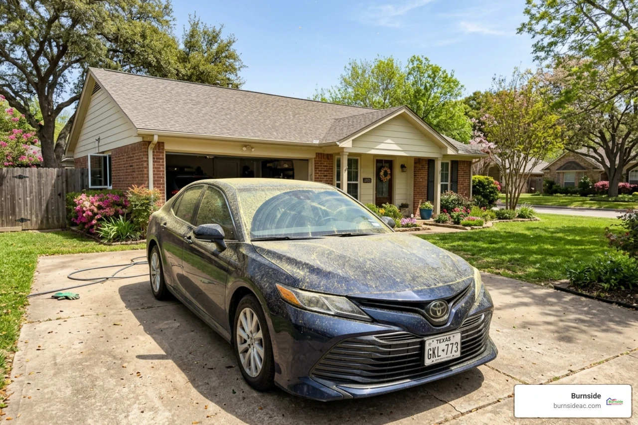 A car parked outside with a thick layer of yellow pollen on the windshield and hood - spring air filter replacement guide A car parked outside with a thick layer of yellow pollen on the windshield and hood - spring air filter replacement guide
