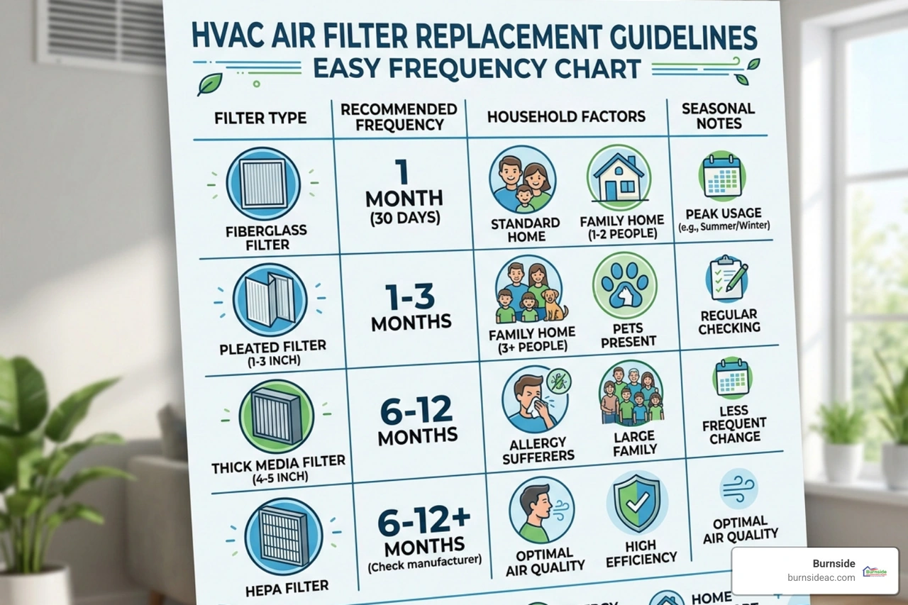 Infographic showing HVAC air filter replacement frequency by filter type, household size, pets, and season - how often