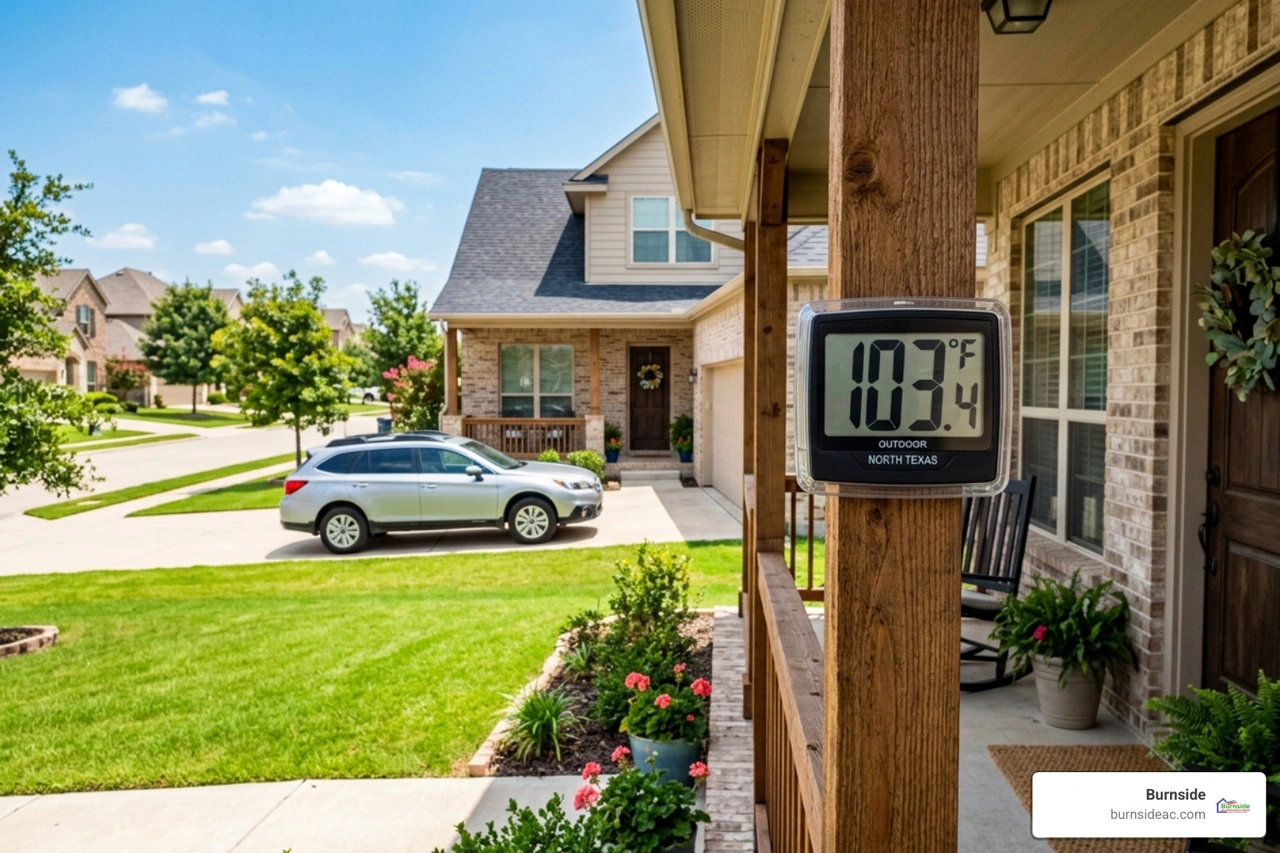 Digital thermometer showing triple digit temperatures in a North Texas suburban setting - best hvac setup for texas weather Digital thermometer showing triple digit temperatures in a North Texas suburban setting - best hvac setup for texas weather