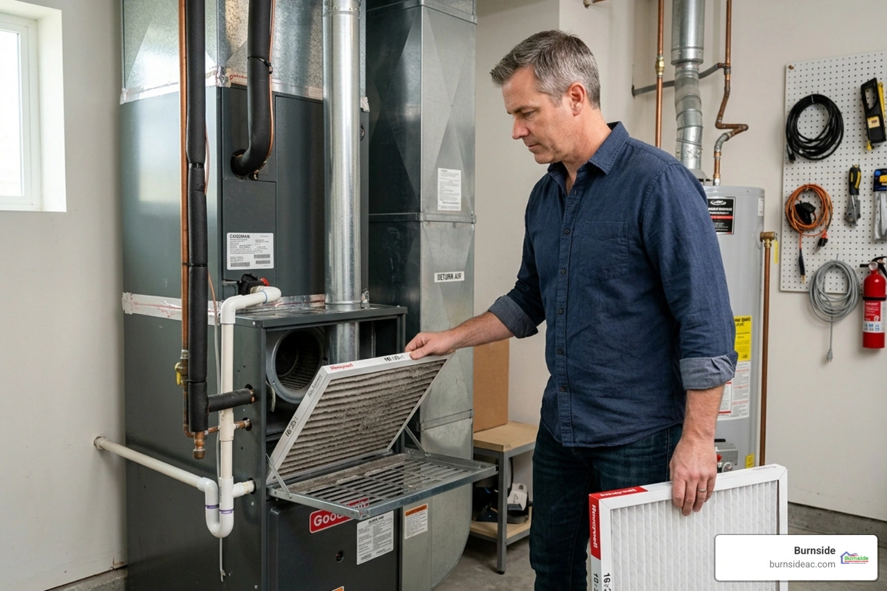 Homeowner changing air filter - Who are the most reliable contractors for emergency heater repair in Frisco during a weekend