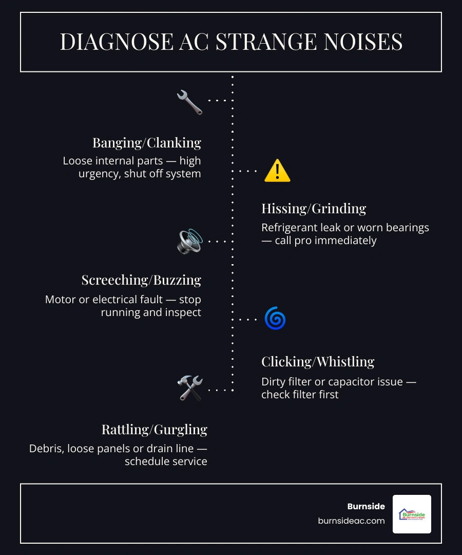 Common AC noises, their causes, urgency levels, and recommended actions infographic infographic