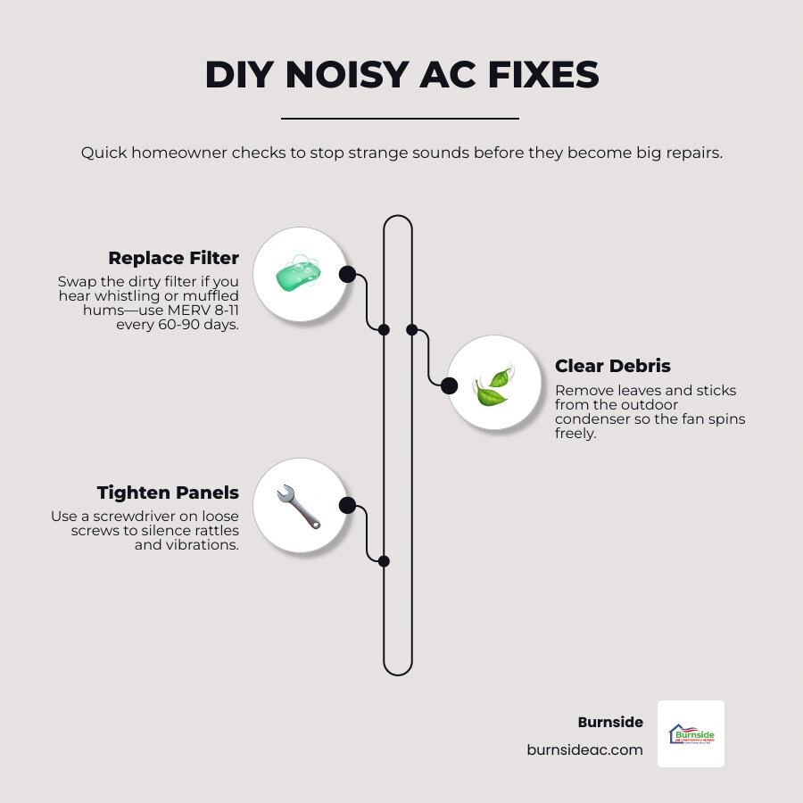 Infographic showing DIY AC maintenance steps like changing filters and clearing debris infographic