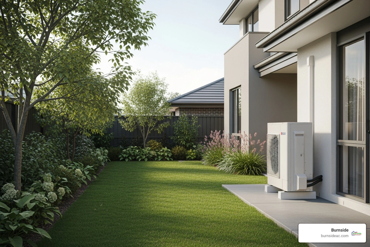 heat pump energy efficient mild climate residential backyard