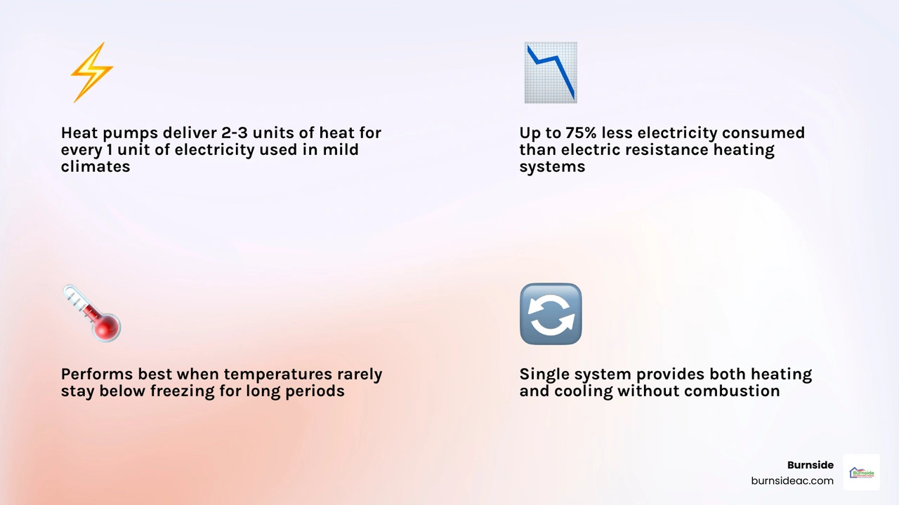 Infographic showing heat pump COP values, efficiency vs gas furnace, and mild climate performance benefits infographic