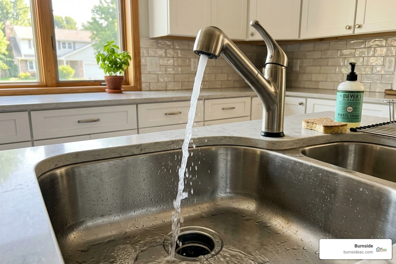 cold water running into kitchen sink with garbage disposal - garbage disposal maintenance tips