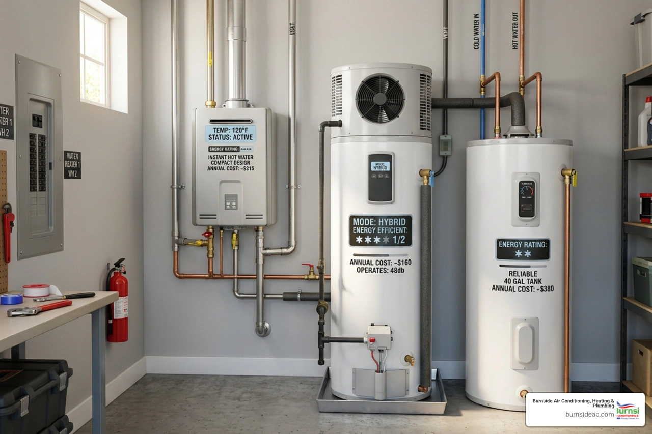 Infographic comparing water heater types by efficiency rating, technology, and annual energy cost Infographic comparing water heater types by efficiency rating, technology, and annual energy cost