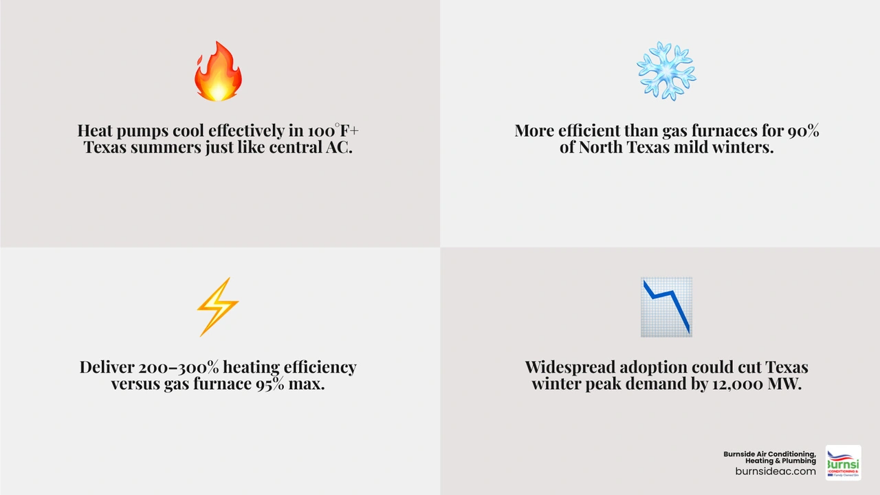 Infographic: Are Heat Pumps Good for Texas Weather — summer performance, winter efficiency, cold snap handling, and energy