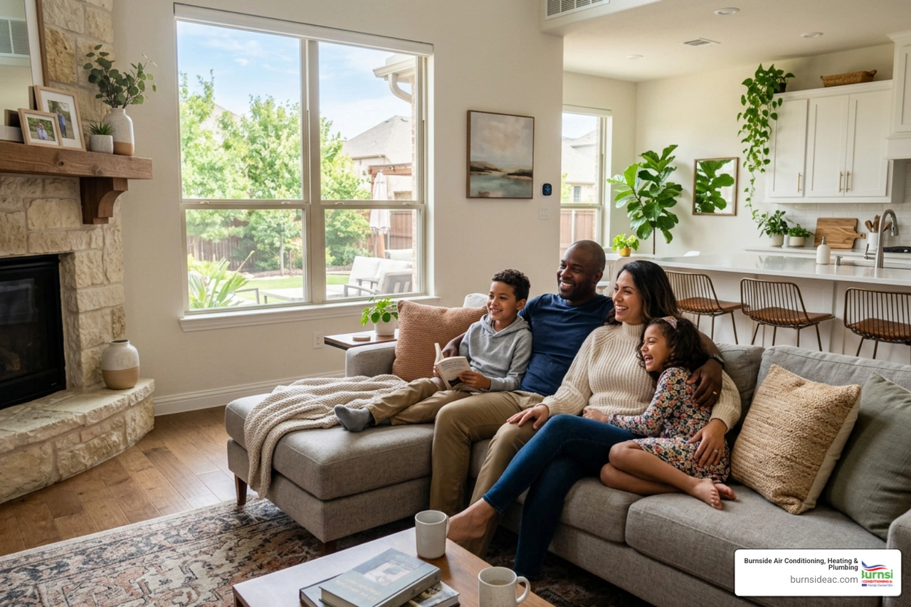 A comfortable family relaxing in a beautifully cooled, humidity-controlled North Texas home A comfortable family relaxing in a beautifully cooled, humidity-controlled North Texas home