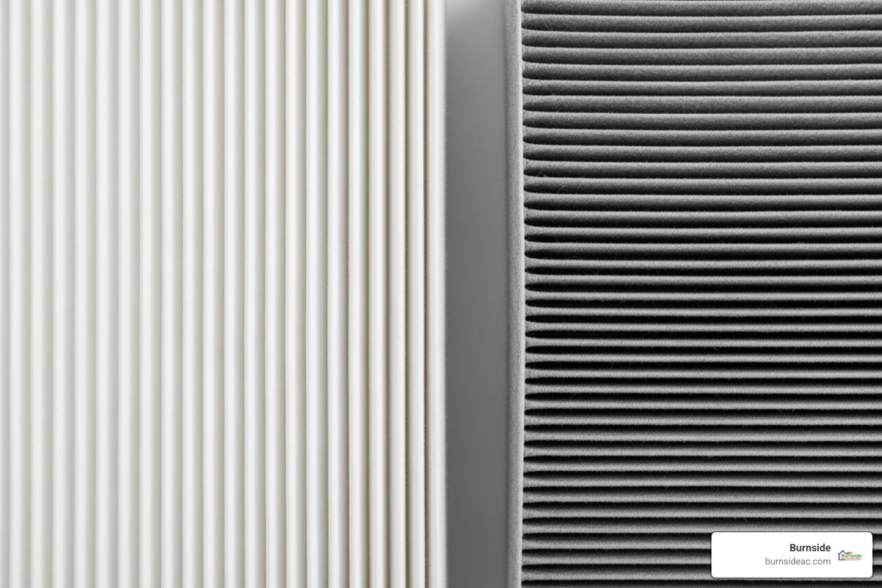 A clean pleated air filter next to a heavily soiled, gray air filter
