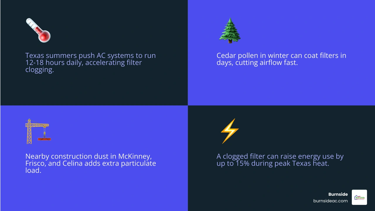 Infographic showing Texas air filter replacement schedule by household type, filter size, and season infographic