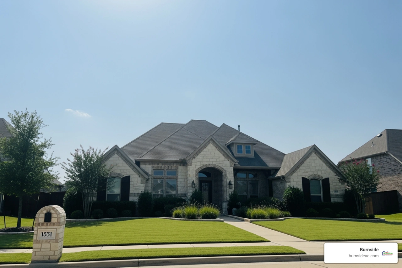 A North Texas home under a bright, hazy summer sun during a heatwave