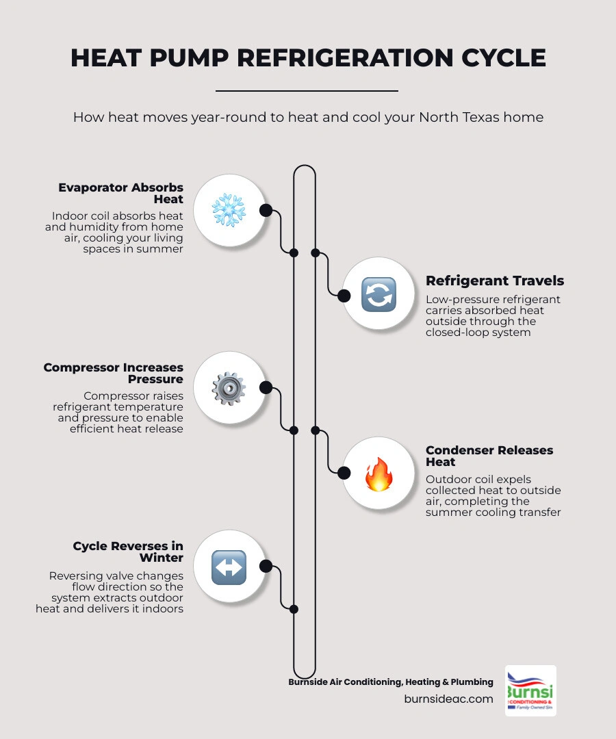 Infographic showing the heat pump refrigeration cycle: summer cooling vs winter heating modes with refrigerant flow