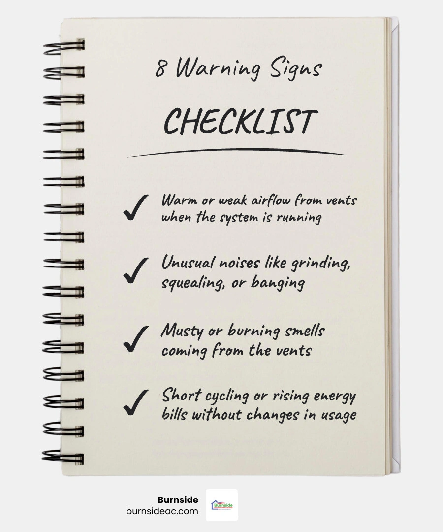 Infographic showing 8 signs your AC needs repair before summer with benefits of pre-summer maintenance infographic