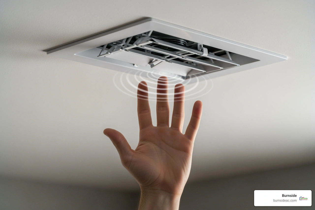 Close-up of a hand feeling weak airflow coming from a residential ceiling vent