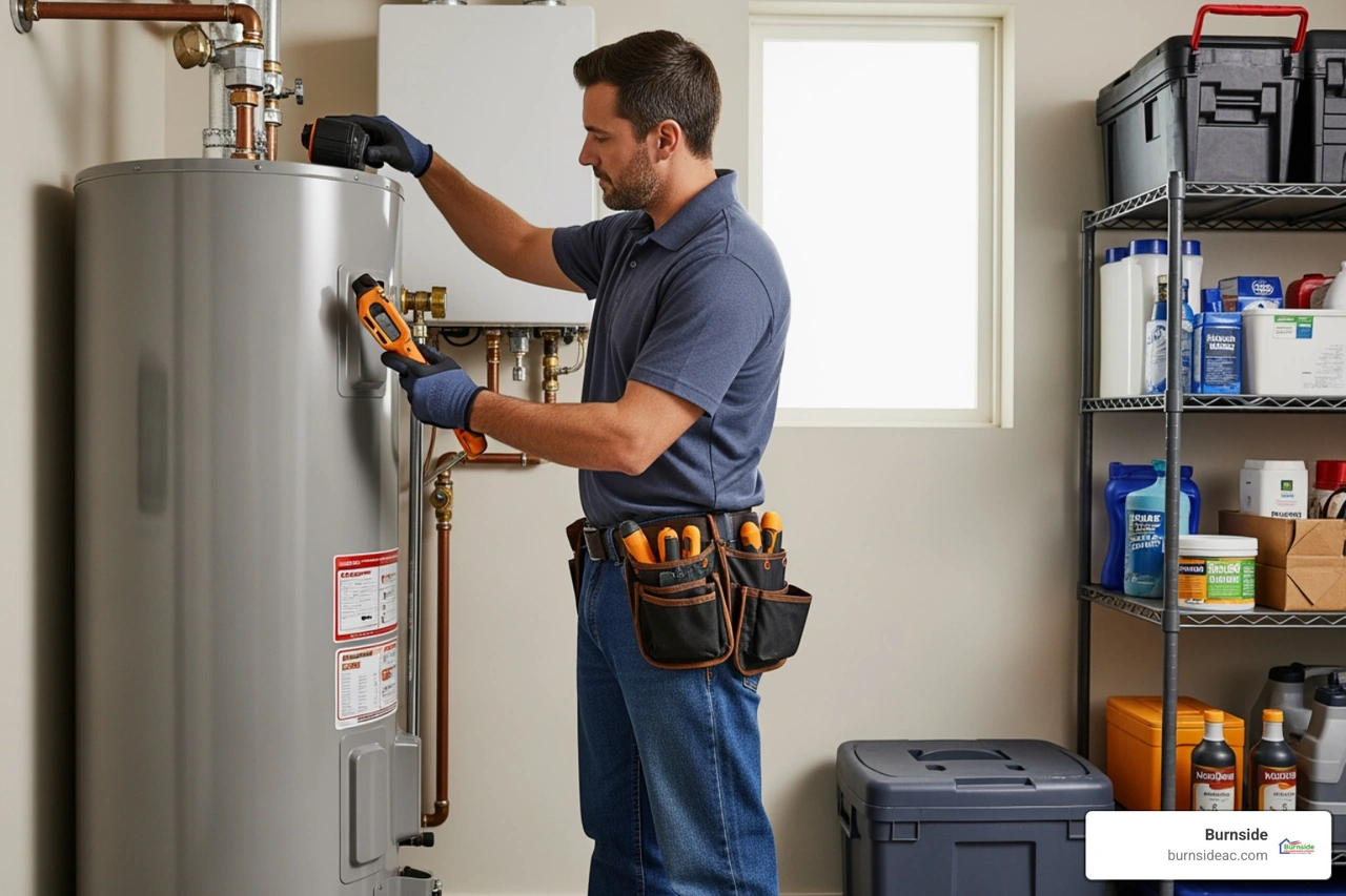 professional technician inspecting water heater in garage utility space