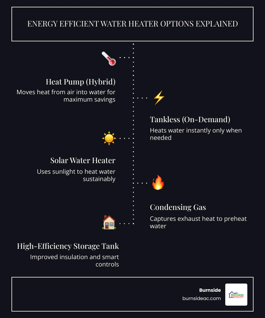 Comparison infographic of five energy efficient water heater types showing efficiency ratings, best use cases, and key