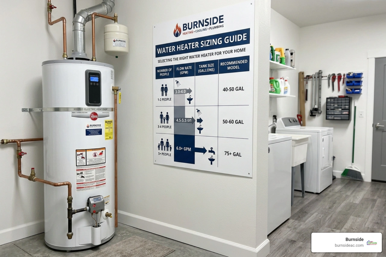 water heater sizing chart showing tank capacity and GPM requirements