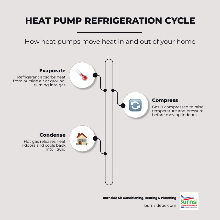 Infographic showing the basic heat pump refrigeration cycle with four stages: evaporate, compress, condense, expand